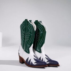 Bambi Bali Handmade Leather Cowgirl Boot 38 7.5 8 White Grn Blue Western Cowboy